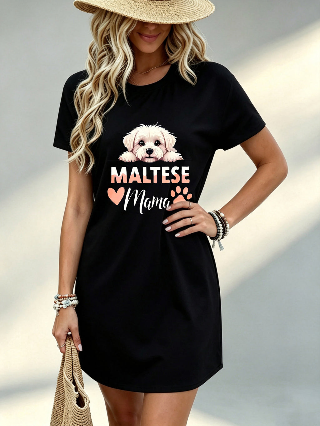 [Printed Design - Not Textured] Casual, Women Dress, Maltese Mama Dog Graphic, Summer Beach Vacation, Gift for Dog Lovers, 100% Polyester - Black