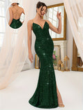 New Sequined Chain Women's Long Dress, Gorgeous and Elegant Ball Gown, Slim-Fitting High-Waist Long Dress, Off-Shoulder and Backless Slit Evening Gown, Autumn Women's Clothing, Wedding Dress, Bridal Gown, Guest Attire, Travel, Music Festival - Dark Green