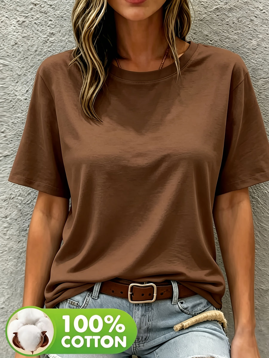 New Round Neck Short Sleeve T-Shirt, Comfortable Breathable Fashion Women'S Round Neck Short Sleeve T-Shirt, Casual Elegant Clothing, Spring Summer Elegant Fashion - Coffee Color