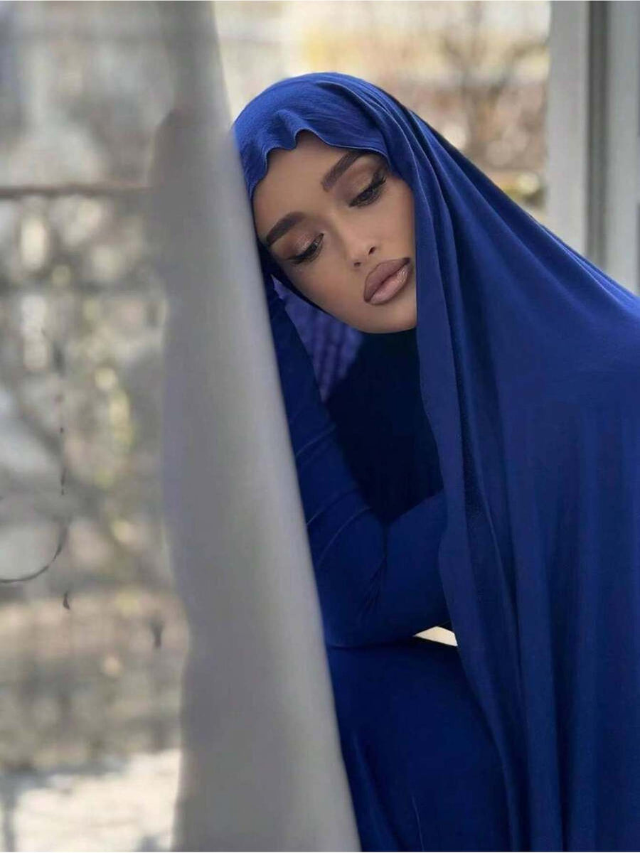 1pc Soft Solid Color Jersey, Plain Long Scarf, Headscarf - Blue