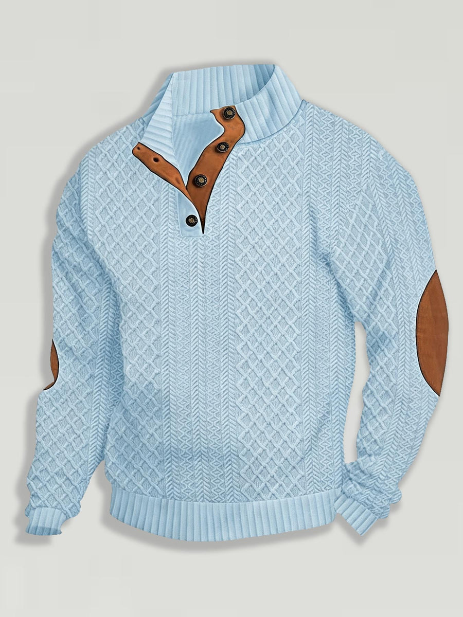 Men'S Henley Collar Knit Polo Sweater, Retro Checkered Jacquard Sweater, Patchwork Decor Long Sleeve Top, Casual Outdoor Wear - Sky Blue