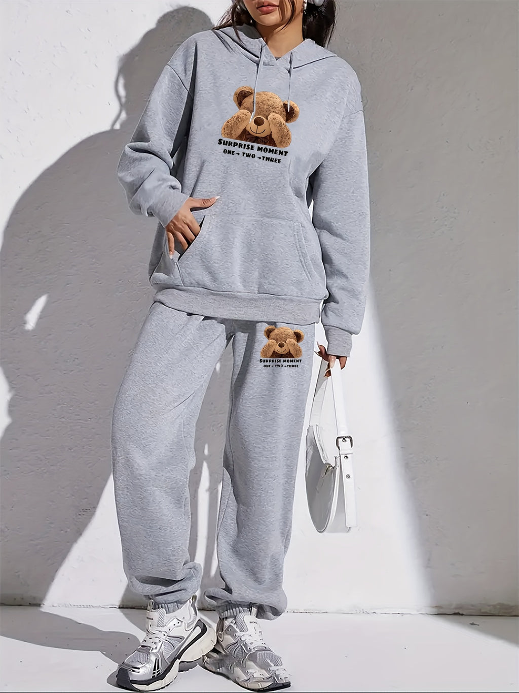 Toy Bear Pattern Print, Women'S Casual Hooded Drawstring Two-Piece Set - Light Grey