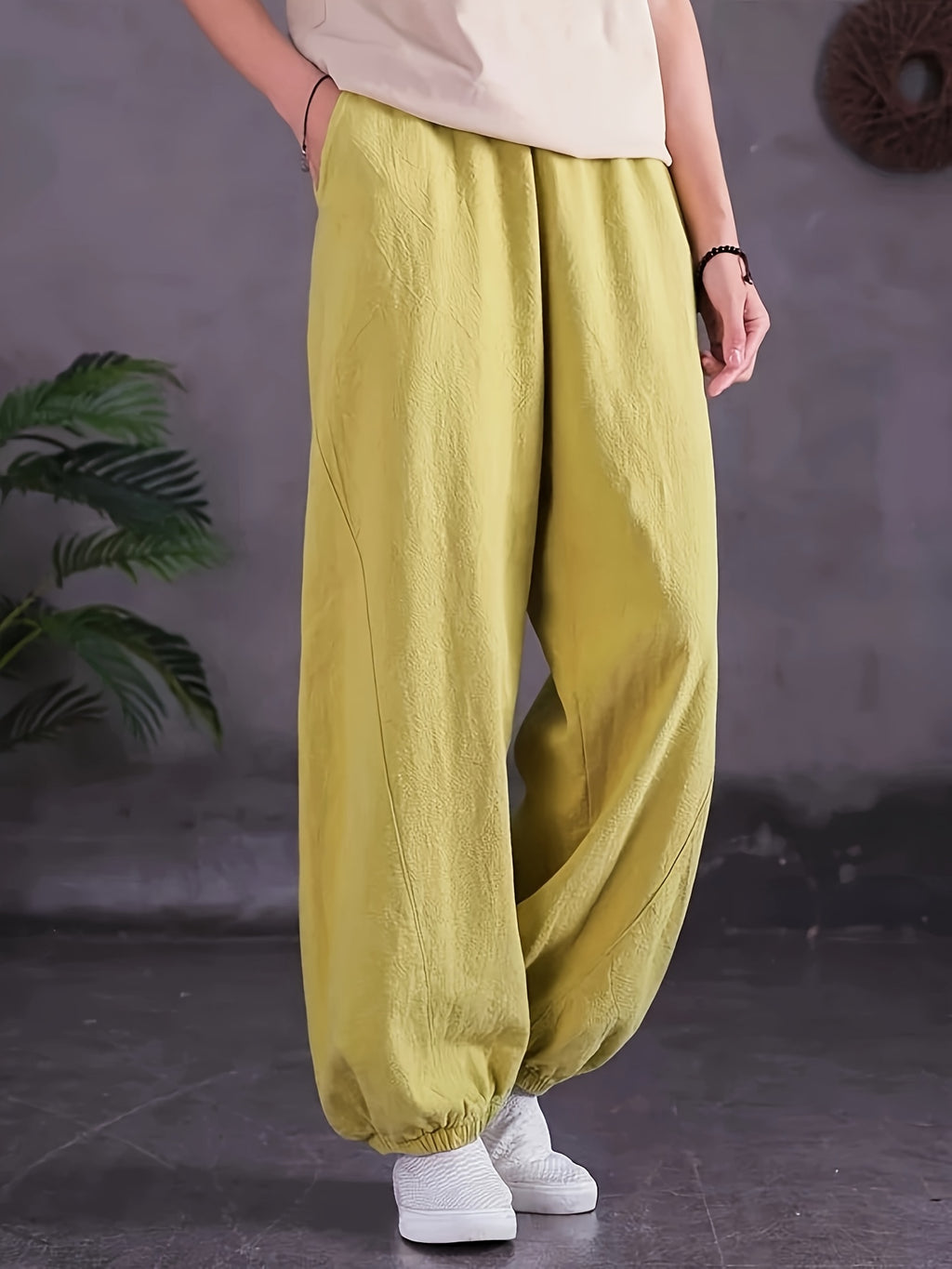 Loose and Breathable Vintage High-waist Tapered Patchwork Casual Wide-leg Long Pants Solid Color Casual Lantern Pants - Yellow