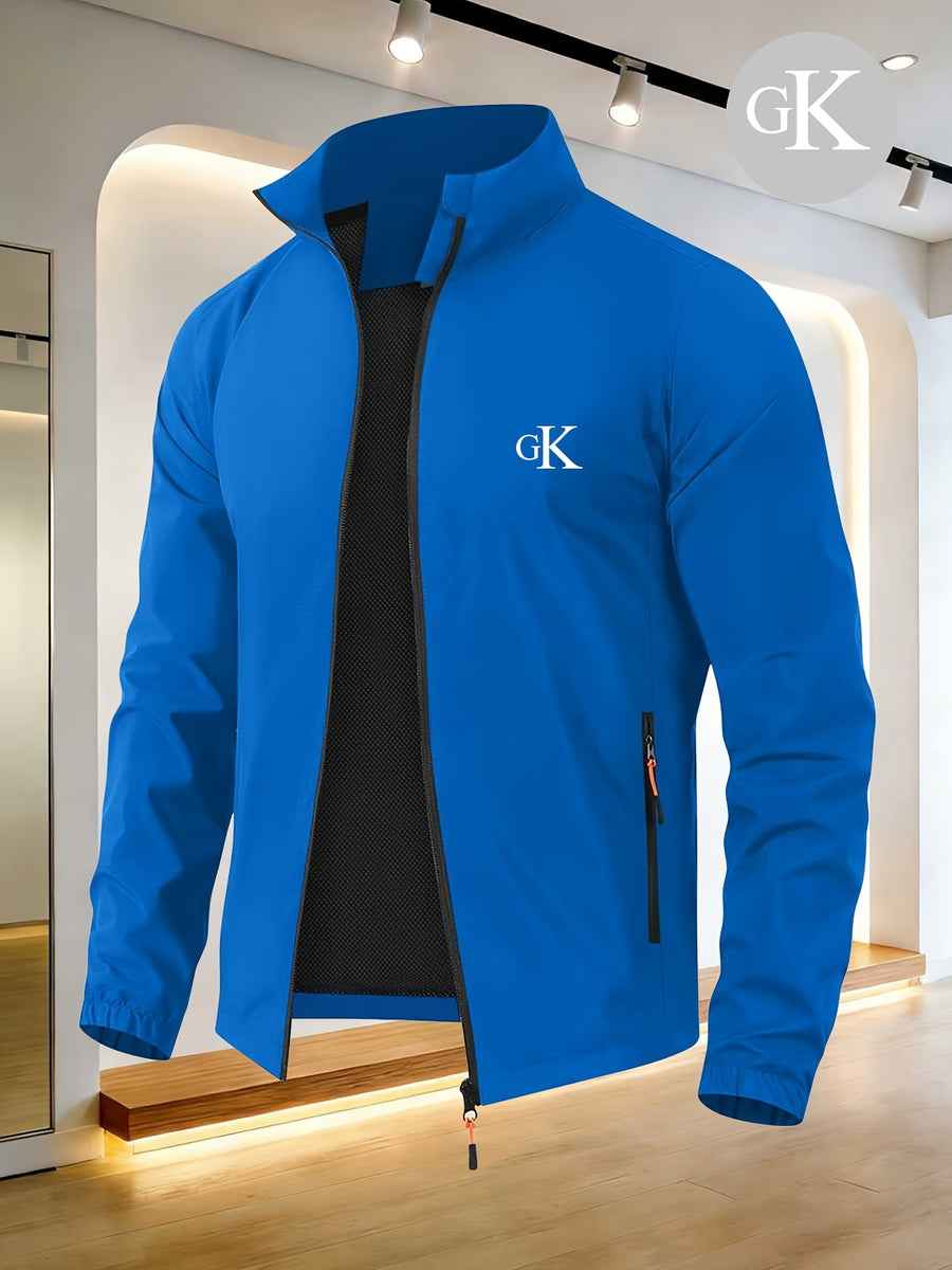 GK Minimalist Uppercase Letter Pattern Full-Zip Stand Collar Windproof Jacket, Unisex Spring/Autumn Lightweight Luxury Business Casual Outerwear - Royal Blue