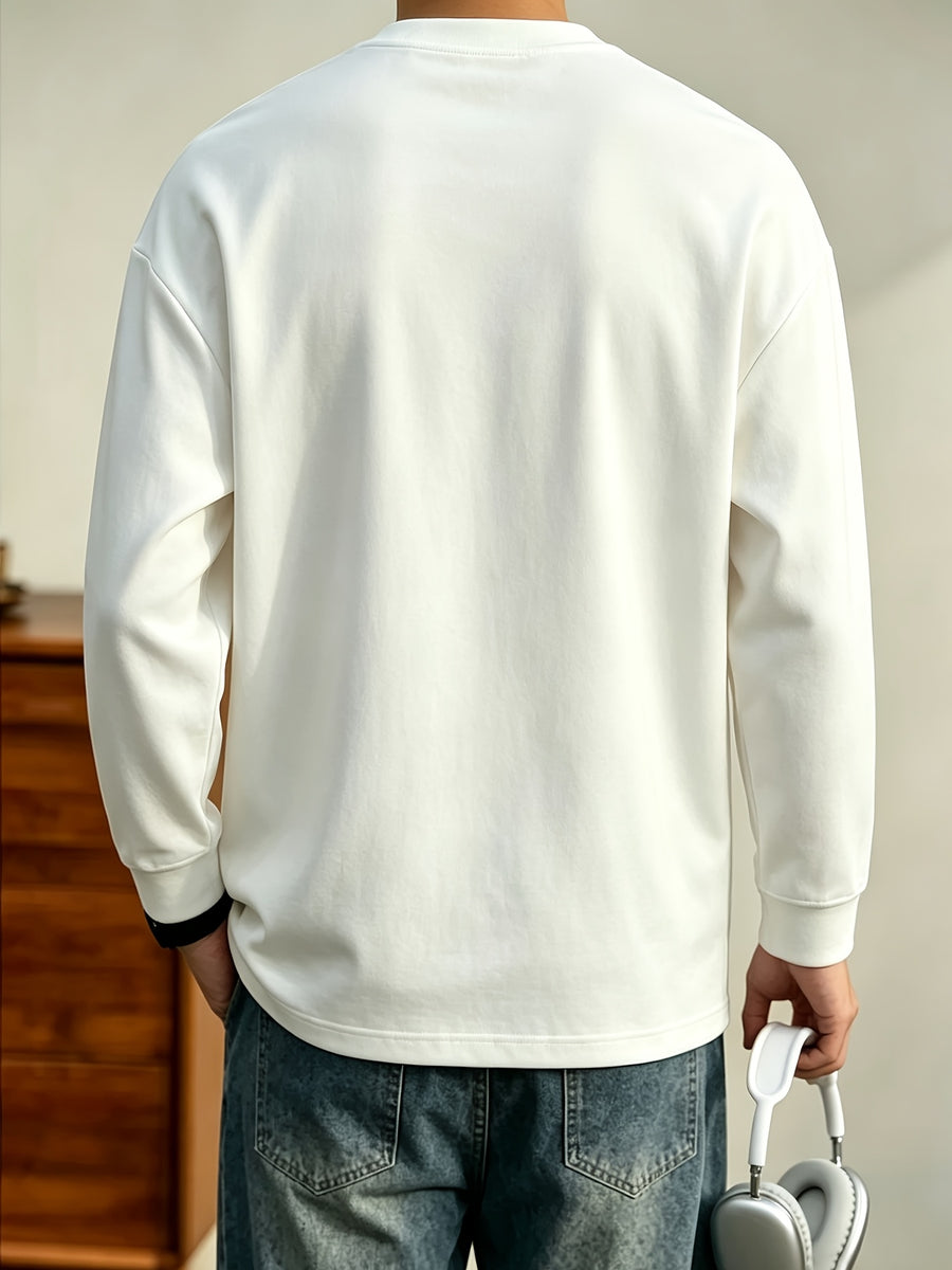 Stylish Rivet-Detailed Long-Sleeve T-Shirt with a Cool and Chic Fit, Heavyweight Comfortable Men's Spring/Autumn Apparel, High-Quality Versatile Vintage Fashionable and Handsome Top - White