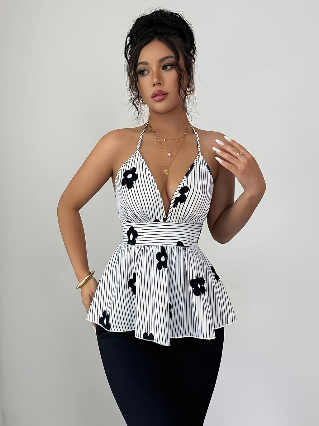 Women's Elegant V-Neck Tie-Waist A-Line Top with Hanging Neckline & Back Tie Closure - Non-Stretch Suitable for Outings, Dates, Vacations, Spring Summer Fall Skirt Shirt, Machine Washable European American Style - Mixed colors