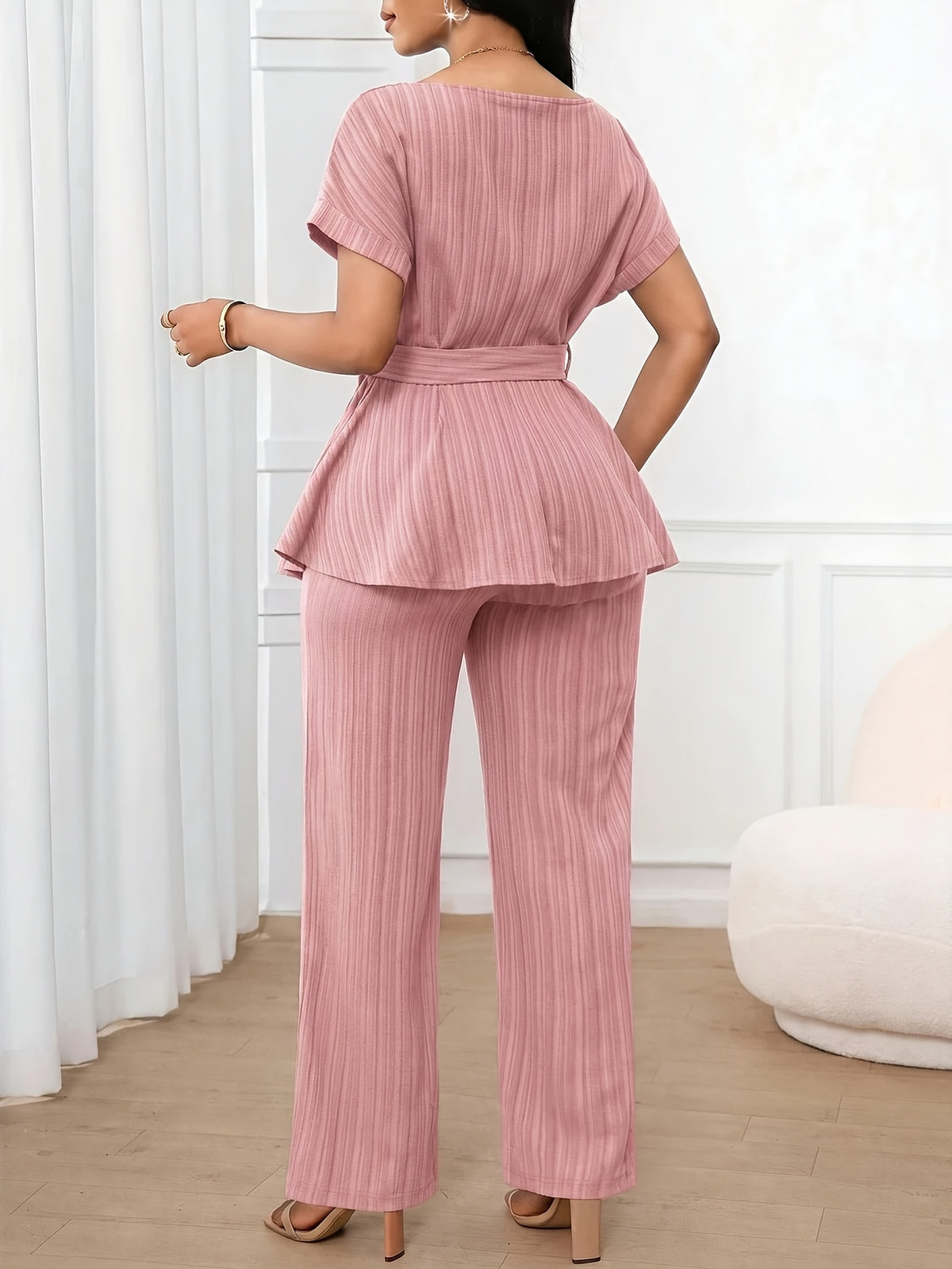 Women'S 2pcs Set, 1pc Short Sleeve Top And 1pc Loose Straight Pants Suitable for Spring Summer Wear - Pink Color