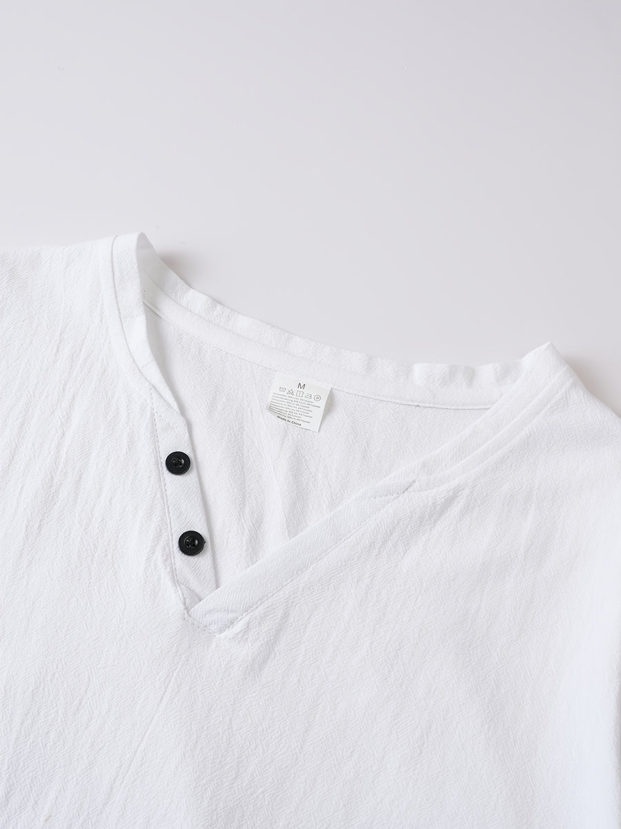 Summer Men'S Casual T-Shirt Linen Henley Collar Double-Button Men'S Short Sleeve Small V-Neck Men'S Casual Breathable Top Solid Color Breathable Commuter Casual Short Sleeve Top - White