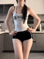 Summer Sexy High-Waist Butt-Lifting Leg-Length-Enhancing Black and White Contrast Color Casual Shorts for Women, Versatile Sporty Hot Stretchy Hot Pants, Fashionable Loungewear Sleep Shorts - Black