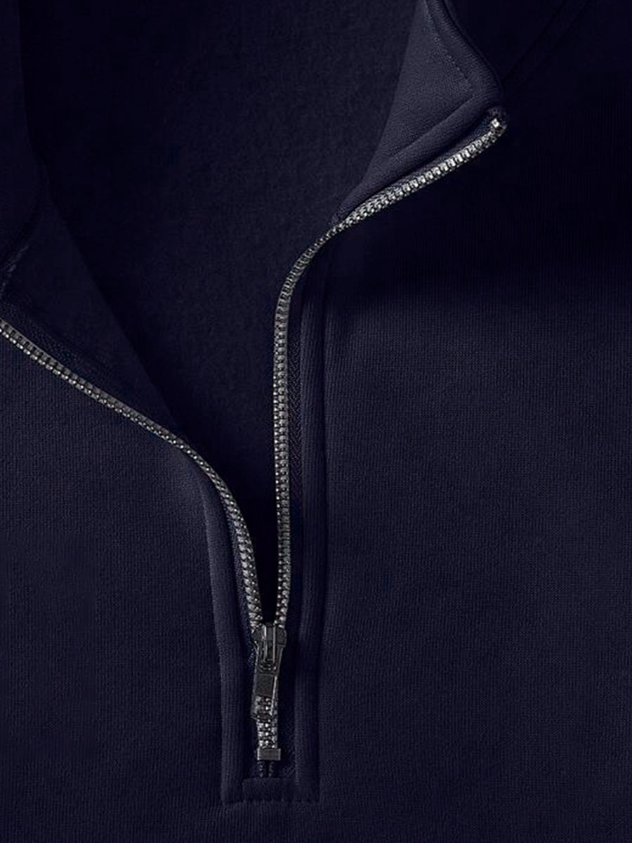 Heavyweight -Lined Stand Collar Half-Zip Cardigan with Skin-Friendly Polar Lining, Simple and Versatile Men's Long-Sleeve Top - Navy Color