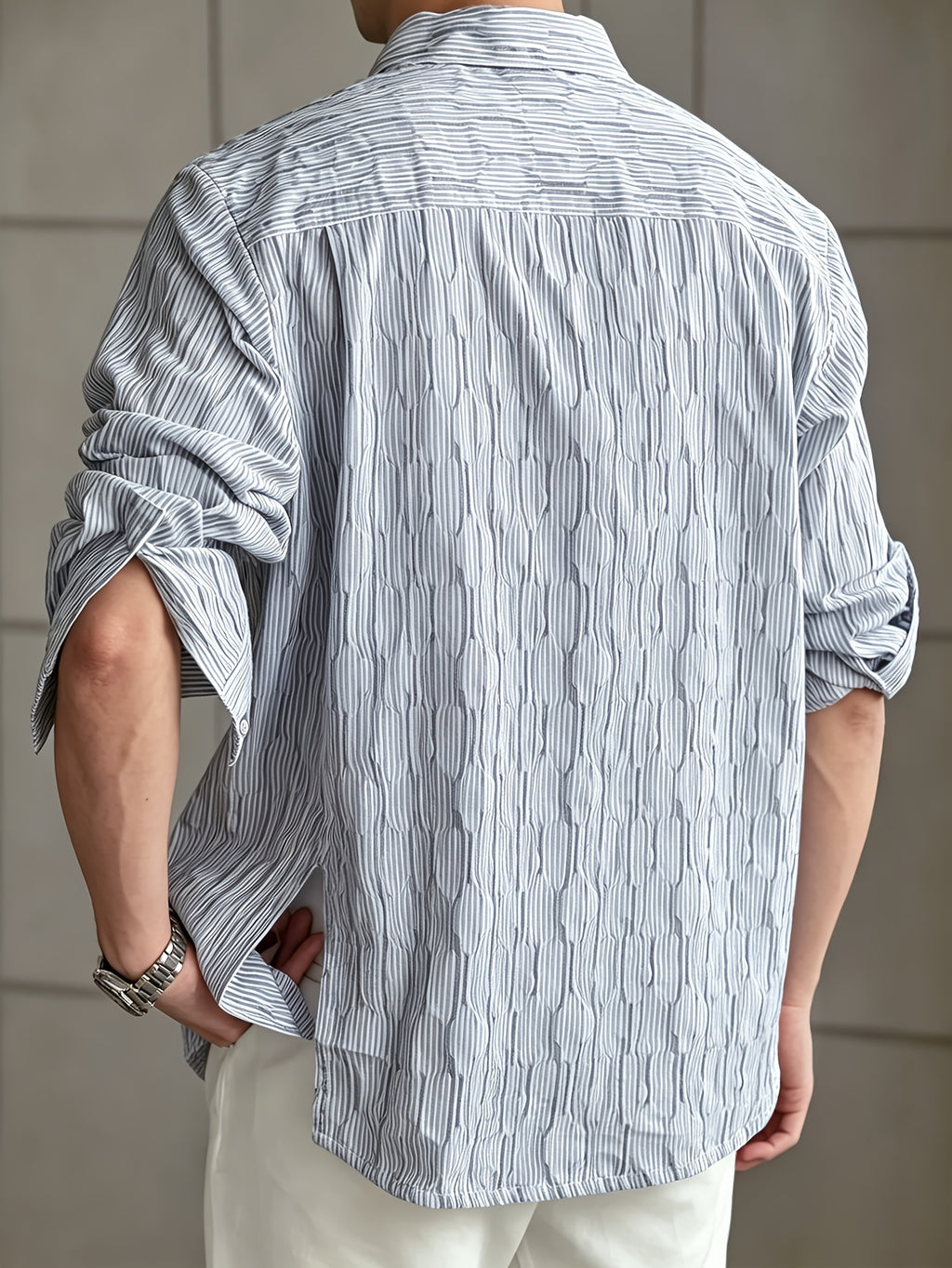Men'S Fashion Striped Textured Shirt, Collared Button-Up Long Sleeve Casual Vacation Street Style Top - Blue