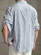 Men'S Fashion Striped Textured Shirt, Collared Button-Up Long Sleeve Casual Vacation Street Style Top - Blue