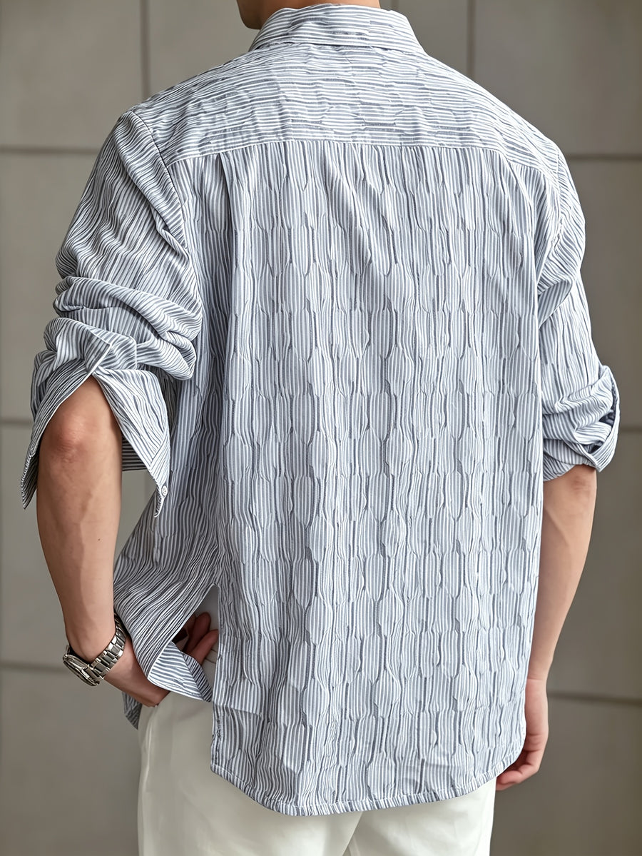 Men'S Fashion Striped Textured Shirt, Collared Button-Up Long Sleeve Casual Vacation Street Style Top - Blue