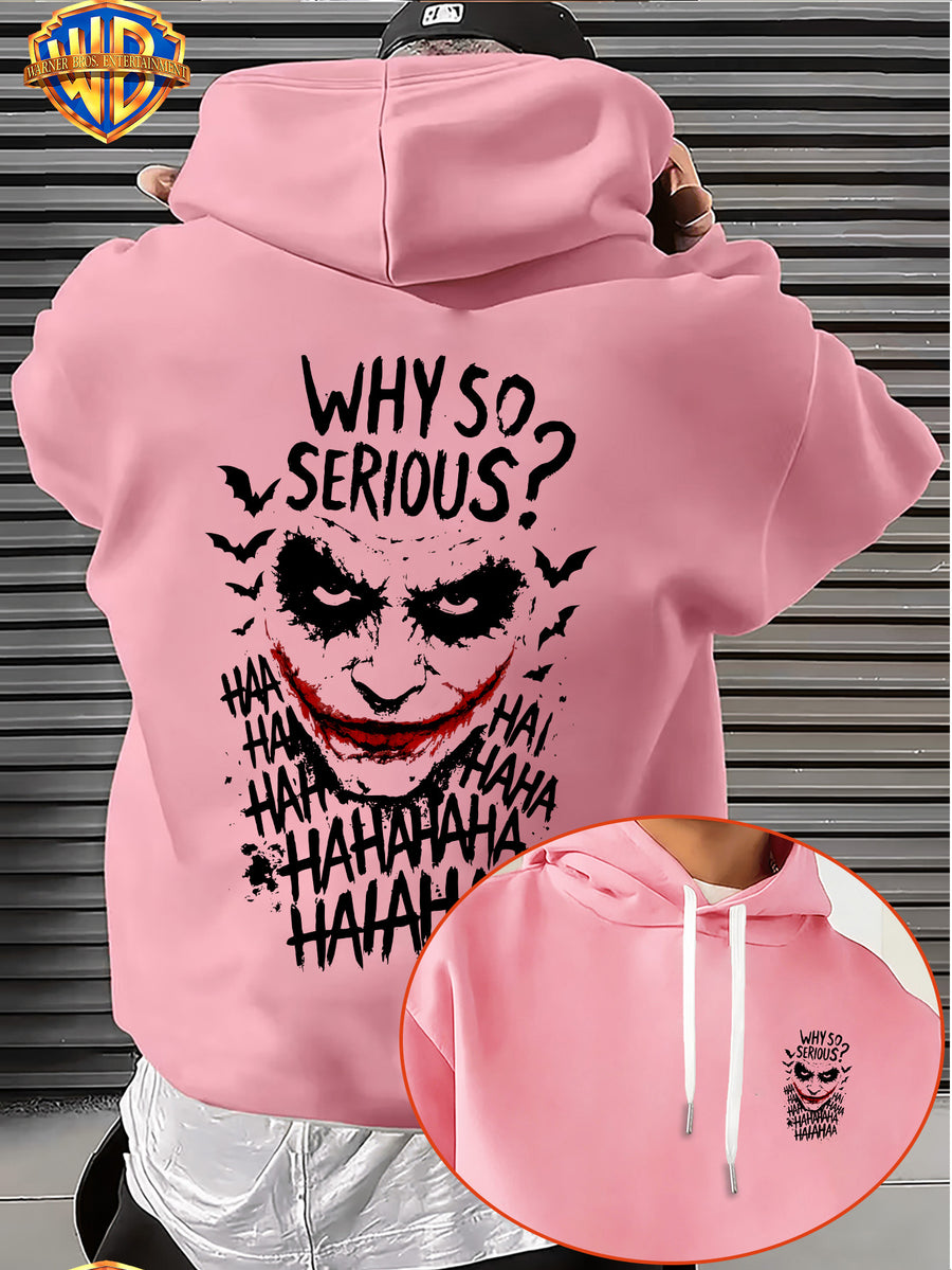 Licensed by Warner Bros., Trendy Cool Dark Distressed Joker Head, Classic Quote Slogan Bat Silhouette Street Retro Graffiti Trendy Cool Print Men'S Fashion Hooded Sweatshirt, Sleeve Print Design, Kangaroo Pocket, Drawstring Hood - Pink Color