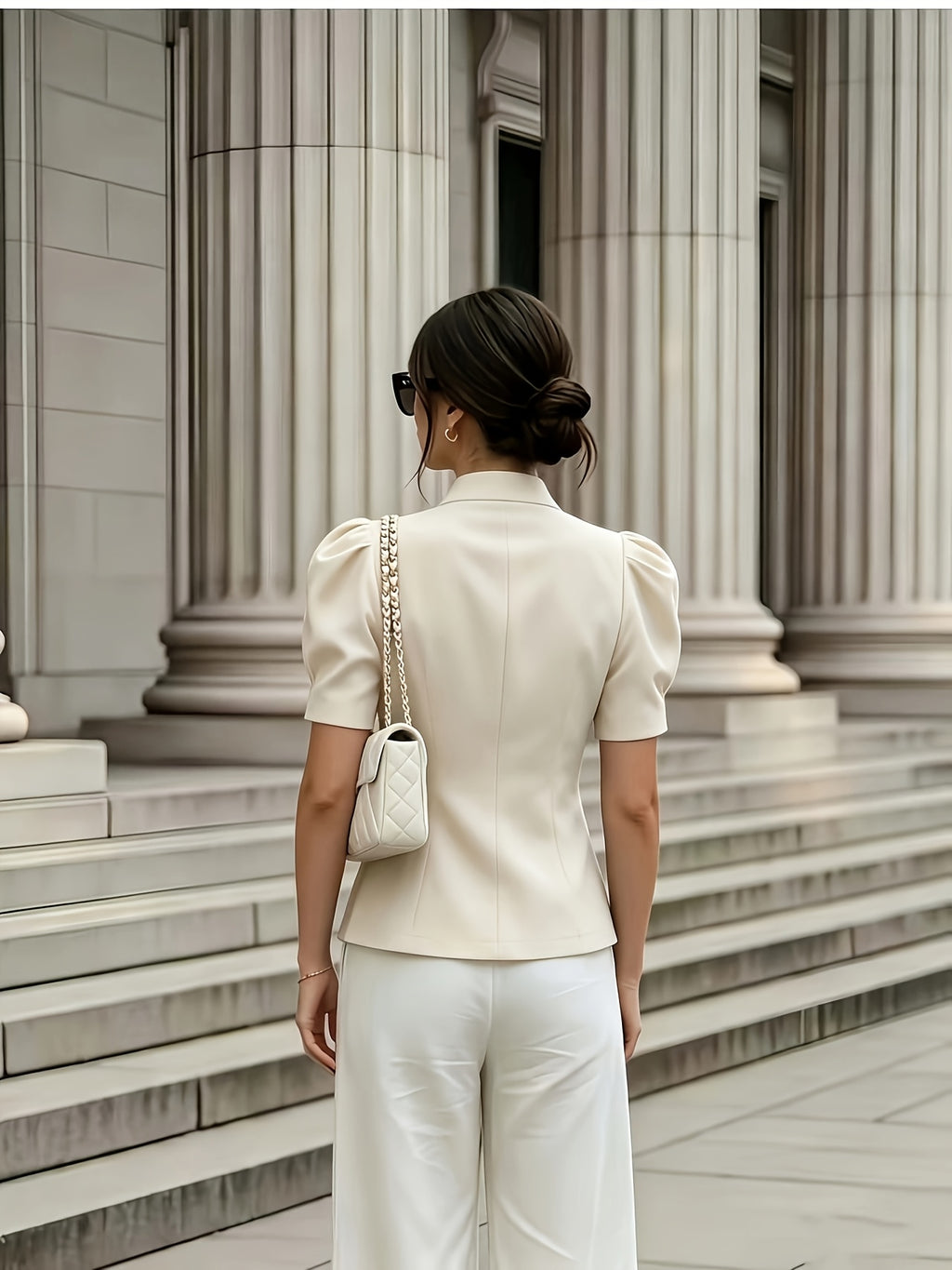 Fashionable and Elegant Women's Solid-color Stand-up Collar Princess-style Short-sleeve Jacket with Faux Pockets, Open Front, Single-breasted, and Casual Suit Jacket, Suitable for Commuting, Vacation, Business, and Daily Casual Wear - Off-white