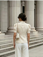 Fashionable and Elegant Women's Solid-color Stand-up Collar Princess-style Short-sleeve Jacket with Faux Pockets, Open Front, Single-breasted, and Casual Suit Jacket, Suitable for Commuting, Vacation, Business, and Daily Casual Wear - Off-white