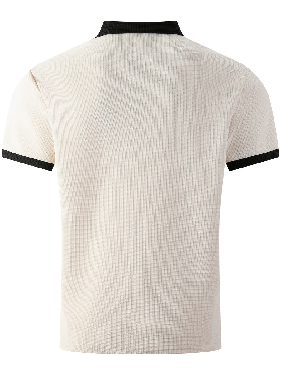High-quality Men's Design Zippered Short-sleeved Polo Shirt, Contrasting Color Collar Design, Soft Fabric, Comfortable Experience, Versatile and Trendy Style, Suitable for Various Occasions Such as Traveling, Shopping, Casual Walking, Etc. - Khaki