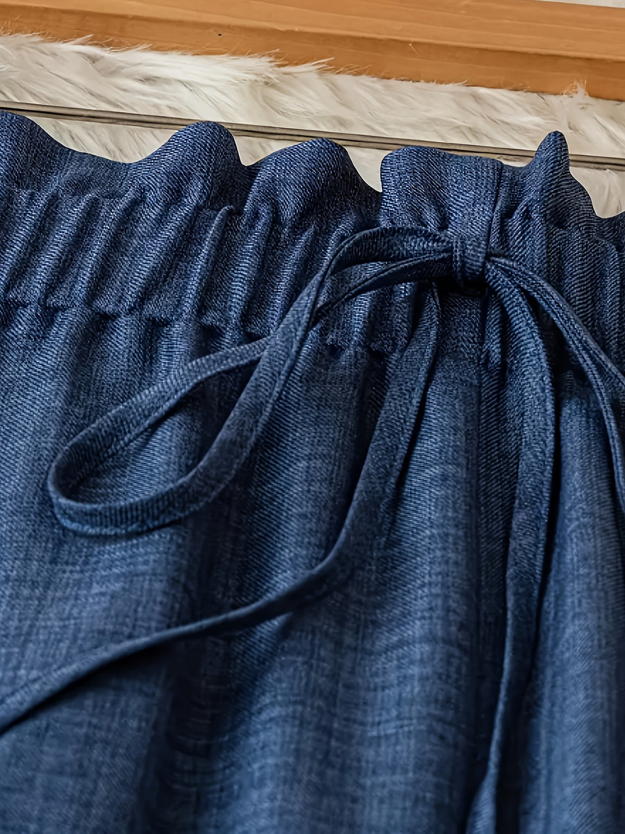 Women's Elegant Solid Color Faux Drawstring Waist Comfortable Long Pants - Blue