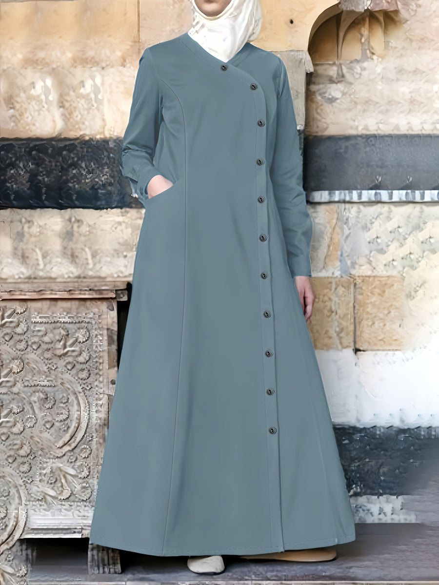 Spring/Autumn New Plain -Like Multi-Button Long Sleeve Women's Abayas - Light Army Blue