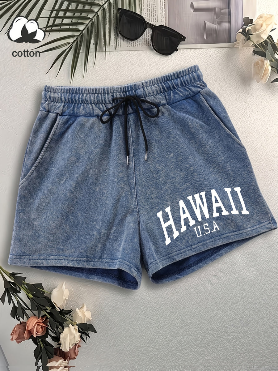 Western Trendy Hawaiian Letter Print Casual Distressed Women'S Shorts, Elastic Drawstring Waist Design, Versatile Home Wear, Lifestyle Fashion - Navy Color