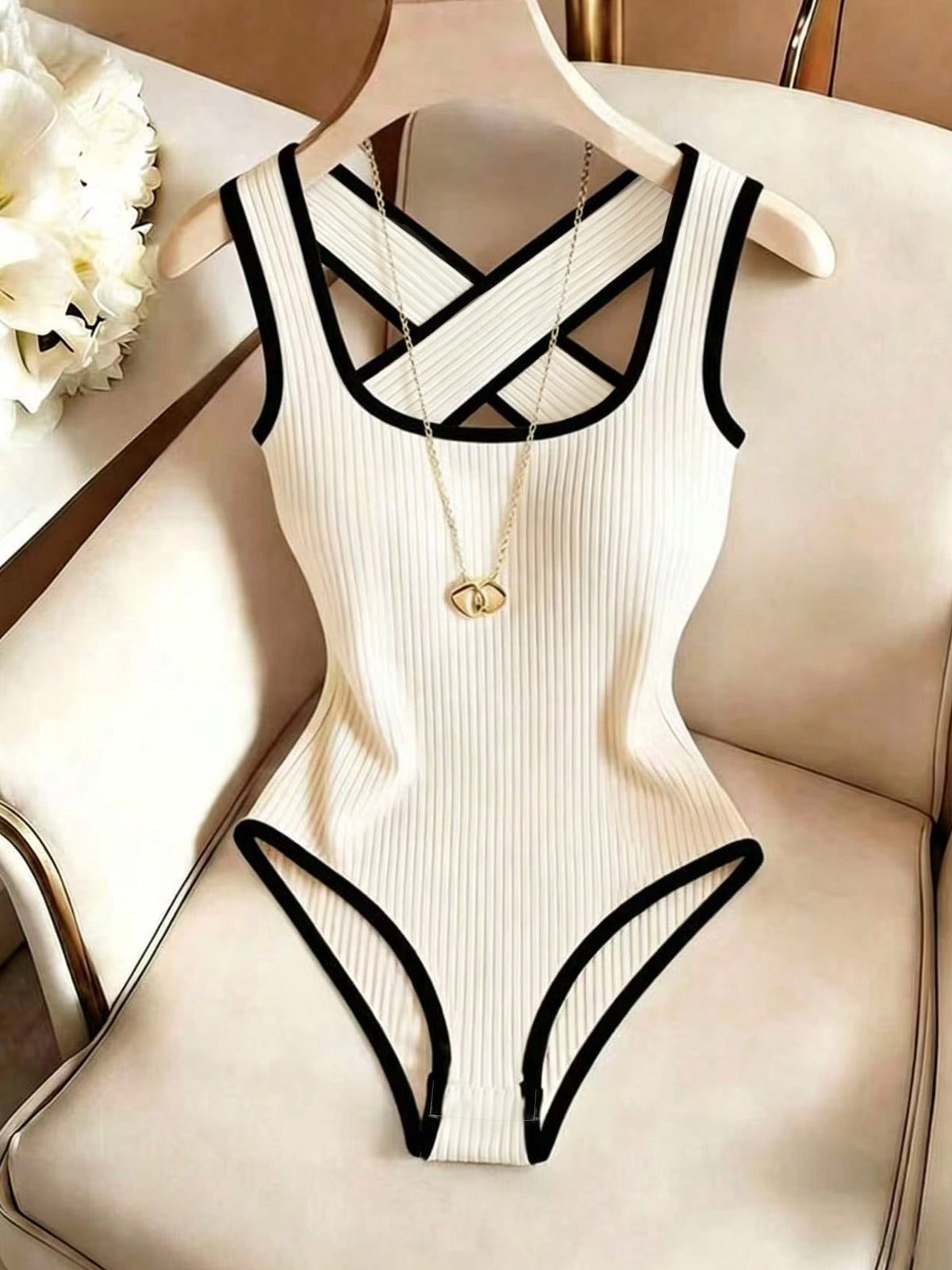 Women'S Summer New French Elegant Casual Ribbed Bodycon Sexy Cross Back Color-Block Design Two-Piece Set Tight Outfit - Beige+Black
