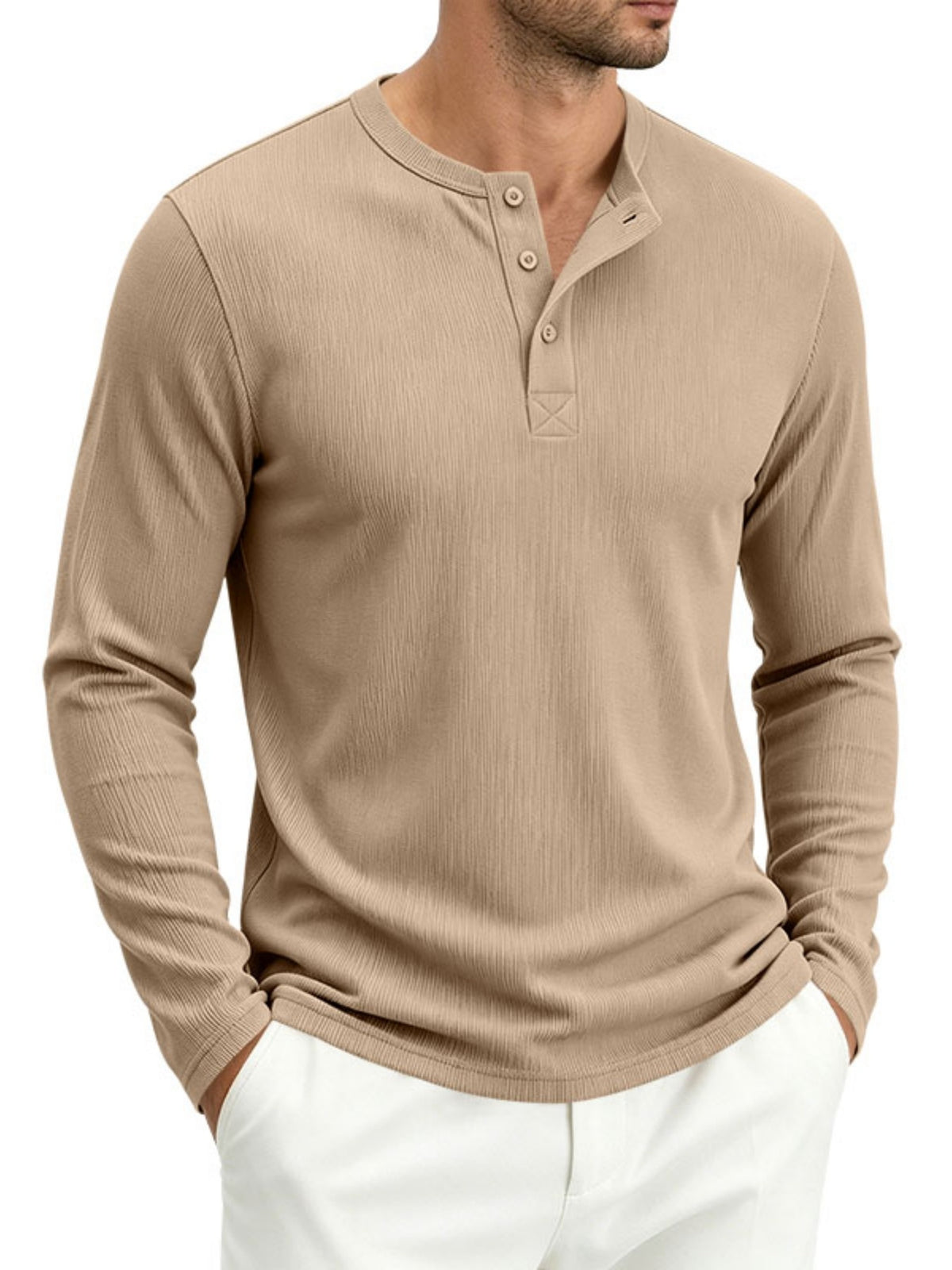 Men's Spring Fall Heavyweight Ribbed Henley Shirt, American Retro Casual Long Sleeve Top, Breathable Loose Commute Henley Neck Tee - Khaki