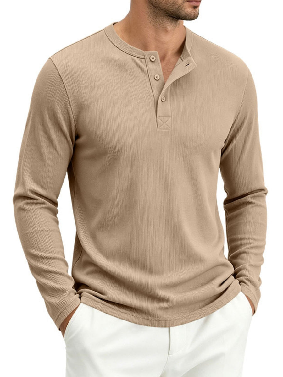 Men's Spring Fall Heavyweight Ribbed Henley Shirt, American Retro Casual Long Sleeve Top, Breathable Loose Commute Henley Neck Tee - Khaki