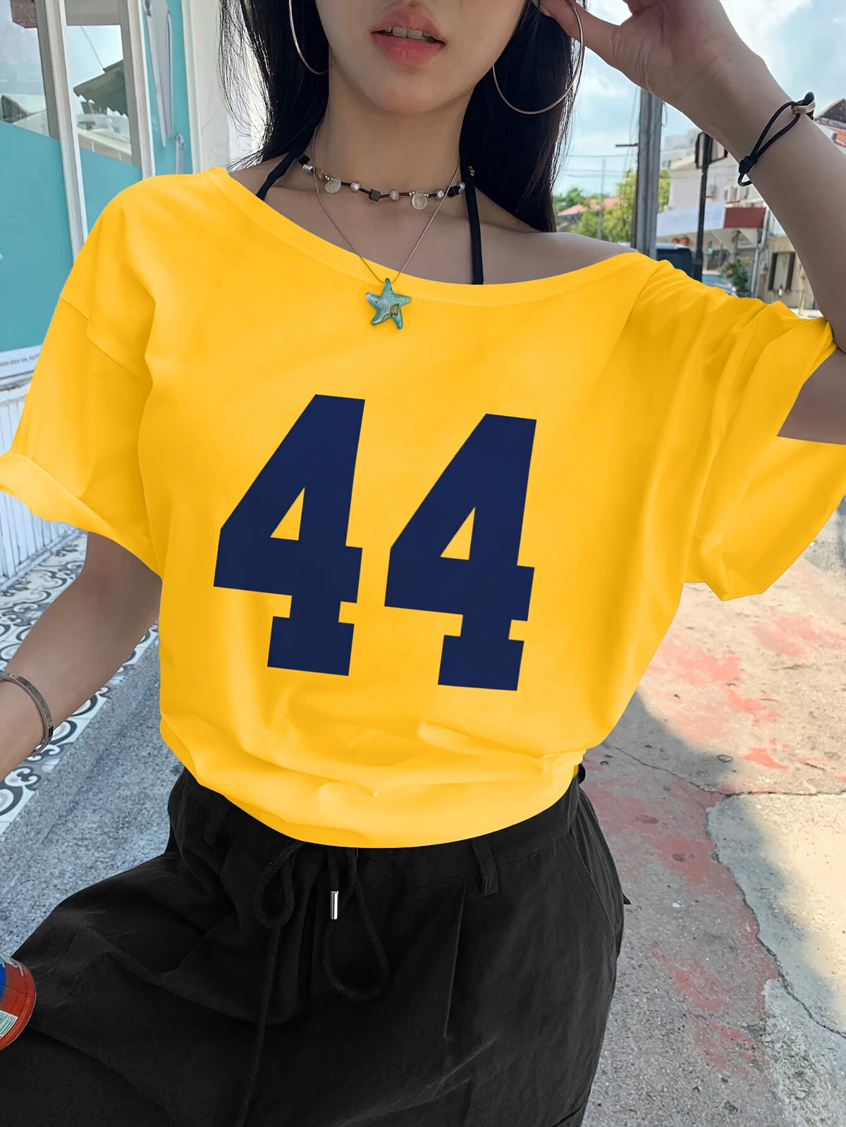 Women'S Casual Off-Shoulder Short Sleeve Number Print Pattern T-Shirt, Slouchy Casual Short Sleeve, Regular Loose Summer Short Sleeve Top - Yellow