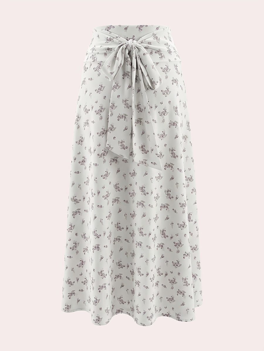 Women's Casual Floral Print Skirt with a Large Bow Design, Casual, Fashionable, and Versatile - Multicolor