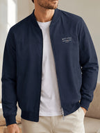 Men's Autumn/Winter 100% Zip-Up Pilot Jacket Coat, MILANO Print Zipper Stand Collar Casual Baseball Jacket, 6 Colors Available, Casual, Simple, Breathable, Lightweight Outerwear Winter Clothes for Men - Navy Color