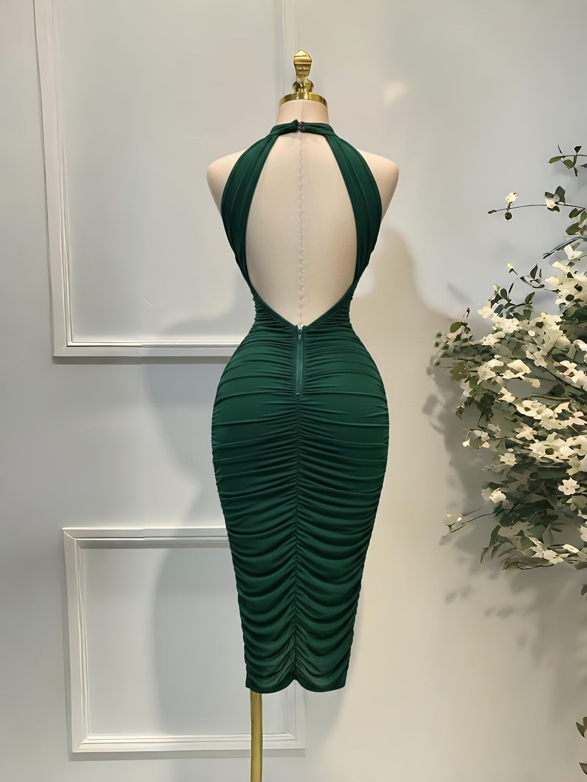 2026 Spring/Summer New Arrival, European and American Elegant Sexy Women's Backless Halter Neck Dress, Fashionable Bodycon Dress, Suitable for Parties, Gatherings, Travel, and Vacations ZLLZ - Dark Green