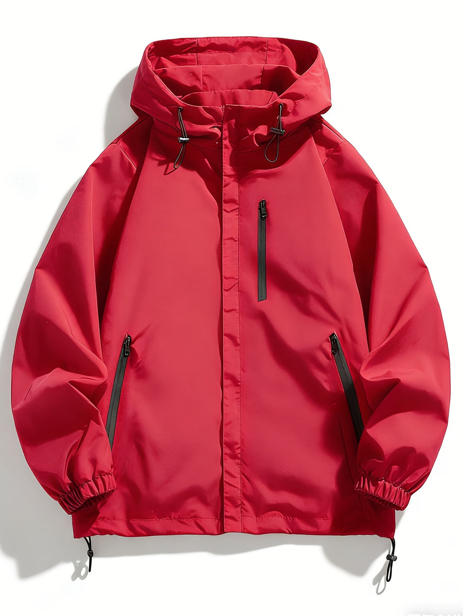 Men's New Jacket Coat Spring Autumn Casual Jacket Sports Outdoor Zipper Pocket, Hooded Design - Red