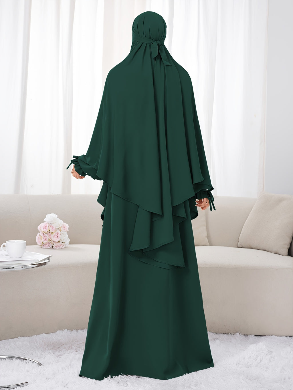 Women's 2pcs Modest Islamic Abaya & Khimar Suit - Elegant Full Coverage Prayer Dress with Headscarf, Pure Color Muslim Dress Suitable for Daily Wear, Hajj, Ramadan, Travel - Abaya Robe for Muslim Women - Dark Green