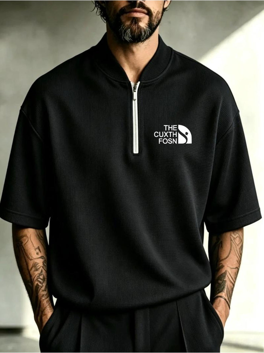 Men's Henley Shirt Short Sleeve Quarter-Zip Waffle Knit T-Shirt with Stand Collar & Logo Chest Print - Loose Fit Zippered Panel Suitable for Indoor Casual Wear, Machine Washable, Spring/Autumn Layering, Multiple Colors/Sizes Available - Black