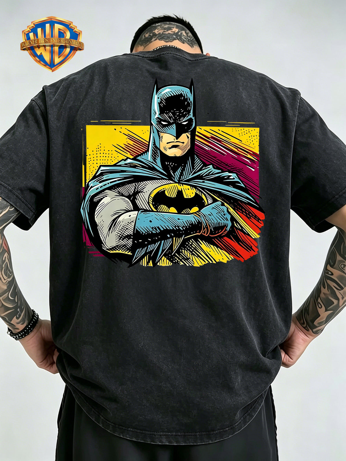Men'S Washed Short Sleeve T-Shirt, Classic Batman Print on Back, Bold Bat Symbol on Chest, Retro Comic Style Design, Premium Fabric Soft And Breathable, Suitable for Casual Wear, Essential for Trendy Street Style - Black