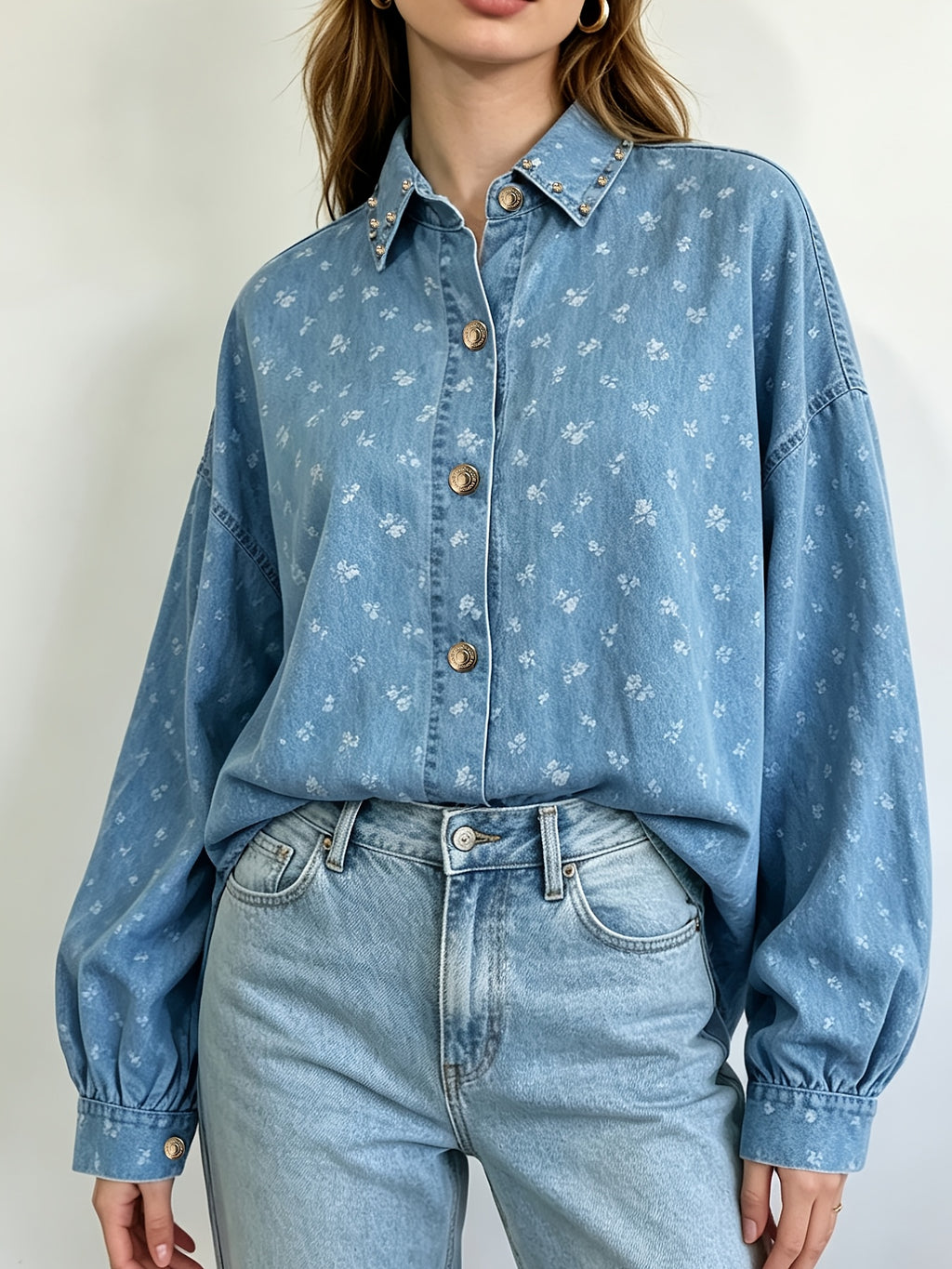 Women's Washed Soft Denim Shirt, Loose Oversized Cardigan Style, Delicate Floral Print, Rhinestone-embellished Lapel Collar, Cuffed Lantern Sleeves, Button-front Design, Casual Streetwear Style. Suitable for Daily Wear, Office Commutes, and Vacation - Blue