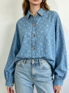 Women's Washed Soft Denim Shirt, Loose Oversized Cardigan Style, Delicate Floral Print, Rhinestone-embellished Lapel Collar, Cuffed Lantern Sleeves, Button-front Design, Casual Streetwear Style. Suitable for Daily Wear, Office Commutes, and Vacation - Blue