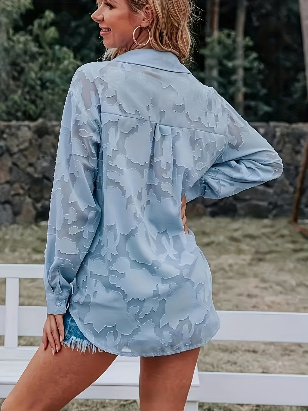Elegant Women's Blouse, Long-sleeve Jacquard Top, 100% Polyester Solid Color, Button Details, Fabric, Suitable for Spring, Summer, and Autumn - Sky Blue