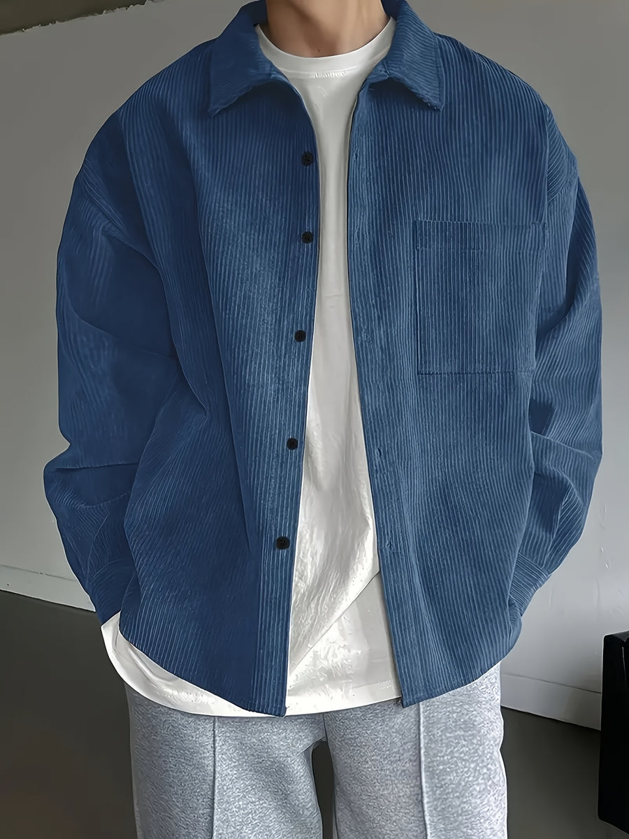 New Solid Color Spring/Autumn Men's Fashion Casual Corduroy Jacket, Lapel Single-Breasted Button Cardigan Style with Chest Pocket, Loose Fit, Can Be Worn as an Inner or Outer Layer - Blue