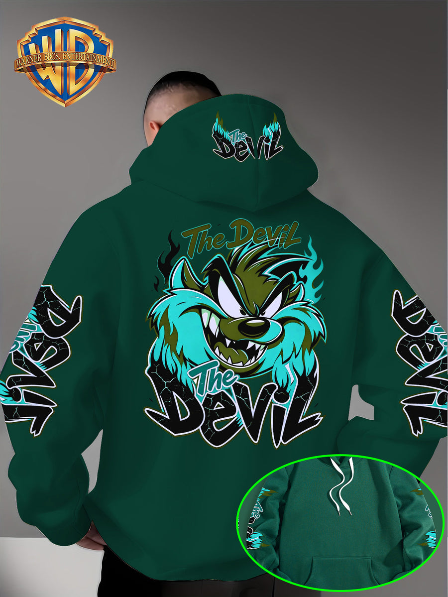 Le Yitong Big Mouth Monster The Devil Flame Print Hoodie, with Sleeve Print Design, Kangaroo Pouch And Drawstring Hood, Suitable for Autumn/Winter Casual Wear And Outdoor Activities - Green