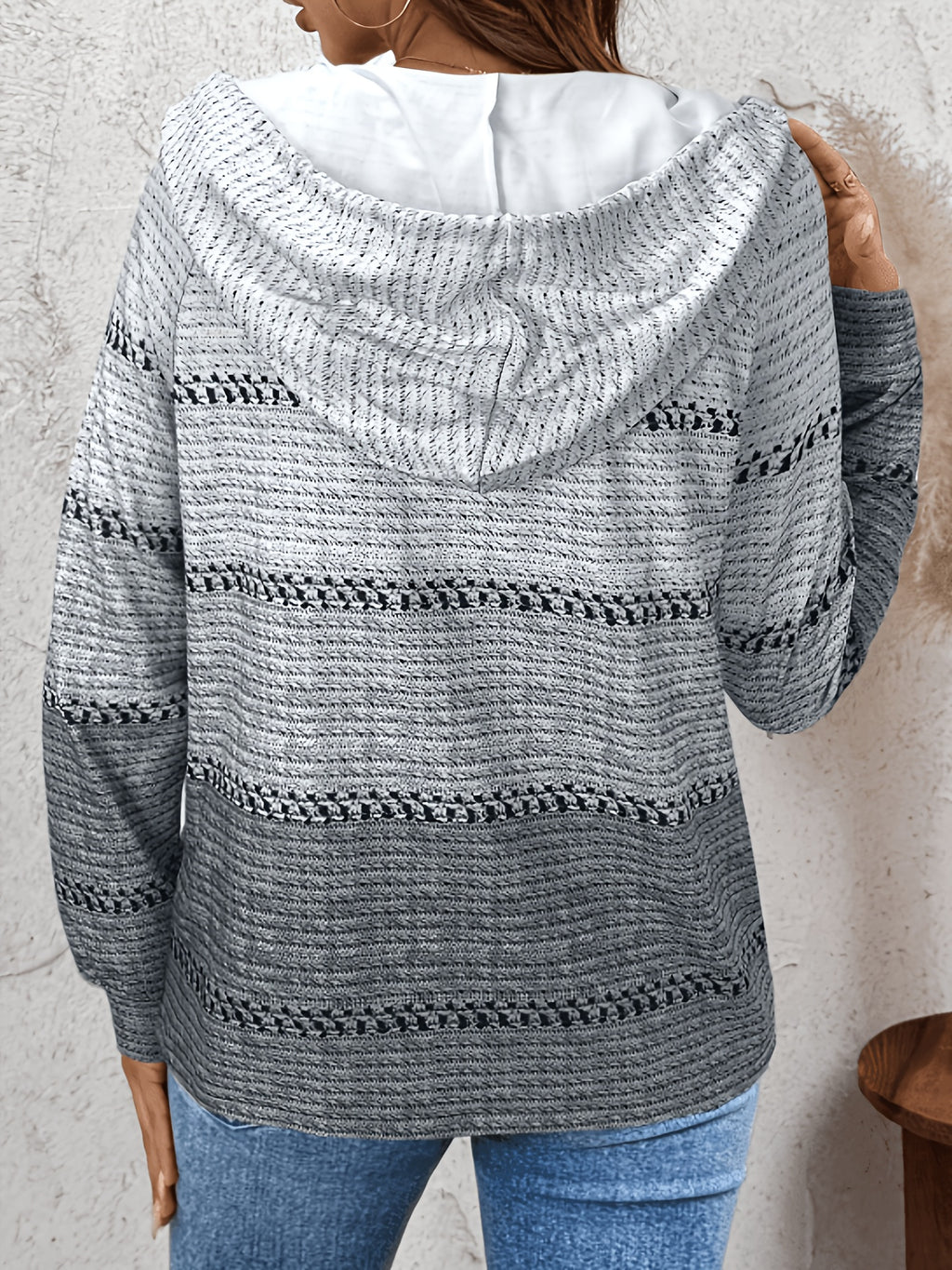 Retro Color-Block Horizontal Stripe Hoodie, Light Gray to Dark Gray Gradient Textured Half-Zip Loose All-Season Long Sleeve Sweatshirt - Grey