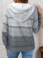 Retro Color-Block Horizontal Stripe Hoodie, Light Gray to Dark Gray Gradient Textured Half-Zip Loose All-Season Long Sleeve Sweatshirt - Grey
