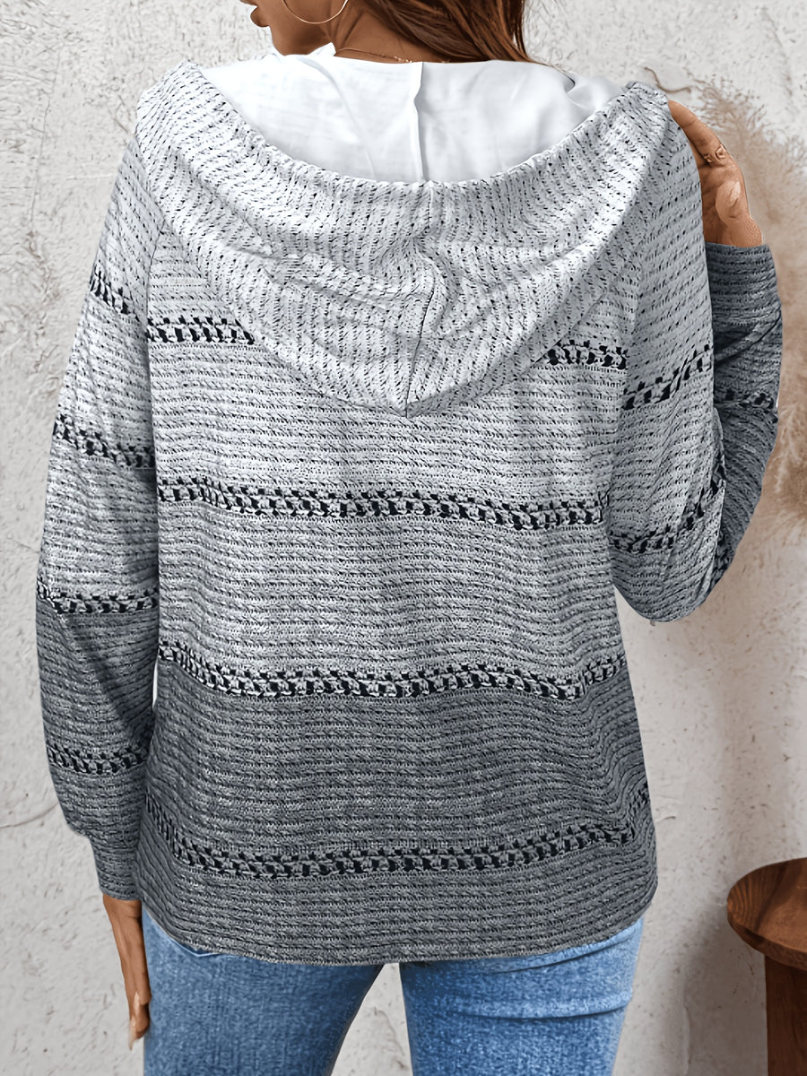 Retro Color-Block Horizontal Stripe Hoodie, Light Gray to Dark Gray Gradient Textured Half-Zip Loose All-Season Long Sleeve Sweatshirt - Grey