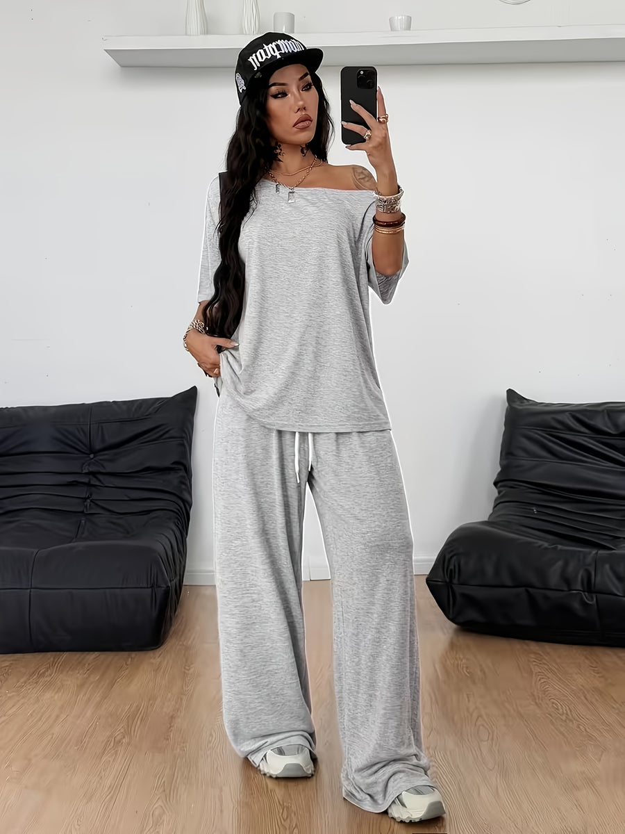 Women'S Loose Off-Shoulder Solid Color Top And Straight Leg Pants Athletic Casual Set - Light Grey