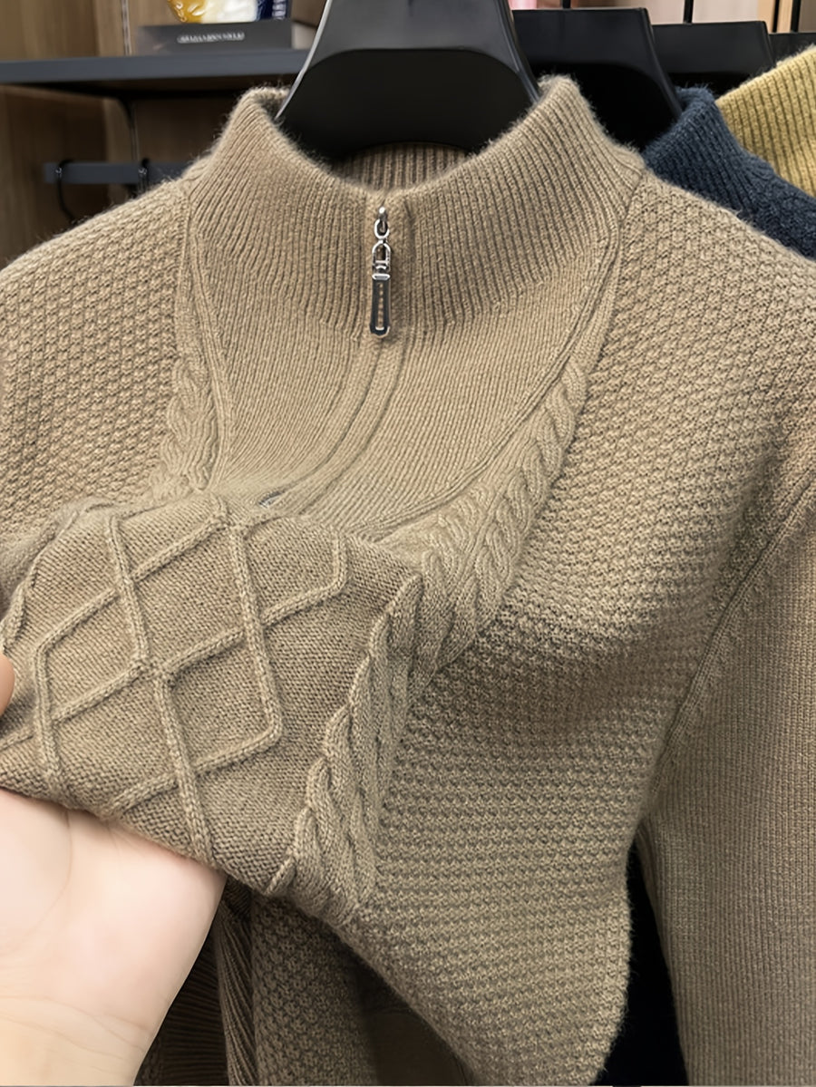 Men'S Thickened Semi-Open Zipper Stand Collar Knit Sweater, Ribbed Cuffs And Hem, Autumn/Winter Style, Single Wear And Layering, Light Mature Business Casual Style - Camel