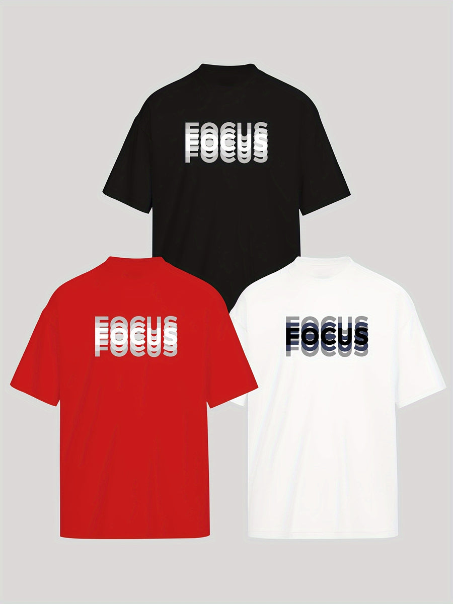 Unisex Trendy Letter Print Crew Neck T-Shirt, A Must-Have for Style Enthusiasts! Gradient FOCUS Design, Ultra Stylish & Streetwear-Inspired! Minimalist yet Versatile! - Black White Red