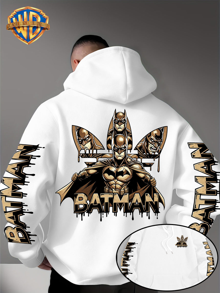 Warner Bros. Official Men's Hooded Sweatshirt - 1pc, Batman BATMAN Vintage Black and Golden Drip Lettering Creative Print, Trendy and Cool DC Superhero IP Graphic Hoodie, Skin-Friendly, Comfortable, and Warm Fabric, Kangaroo Pocket with Ribbed Cuffs - White