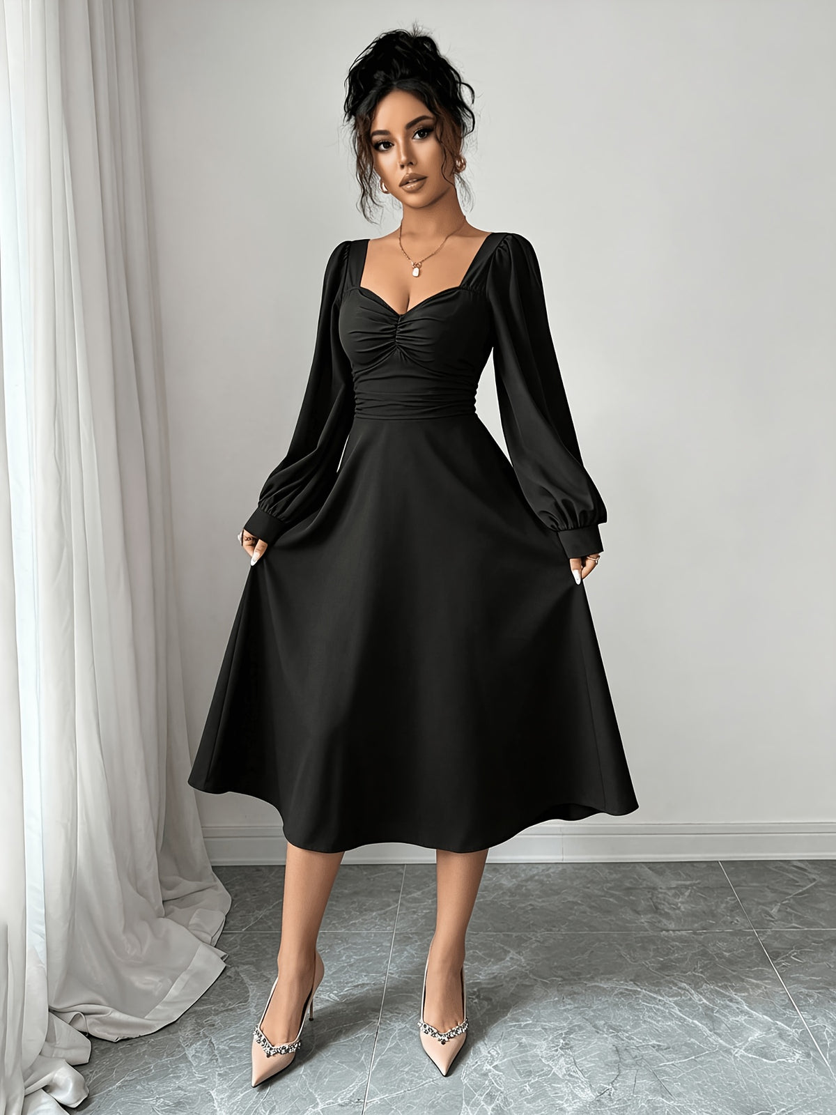 Solid Color Sweetheart Neckline Ruffled Long Dress, Lantern Puff Sleeve Waist-Cinching Flowing A-Line Women'S Dress, Suitable for Wedding Guests, Evening Parties, Office Commute, Dinner Dates, And Casual Outings - Black