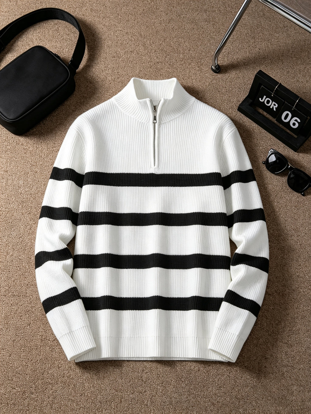 Men'S Semi-High Neck Zipper Knit Sweater, Wide Horizontal Stripe Long Sleeve Pullover, Casual Loose Knit Jacket - White