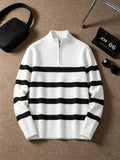 Men'S Semi-High Neck Zipper Knit Sweater, Wide Horizontal Stripe Long Sleeve Pullover, Casual Loose Knit Jacket - White